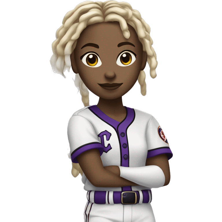 baseball card character. black girl. blonde locs. letter C logo. Purple and white uniform.  emoji