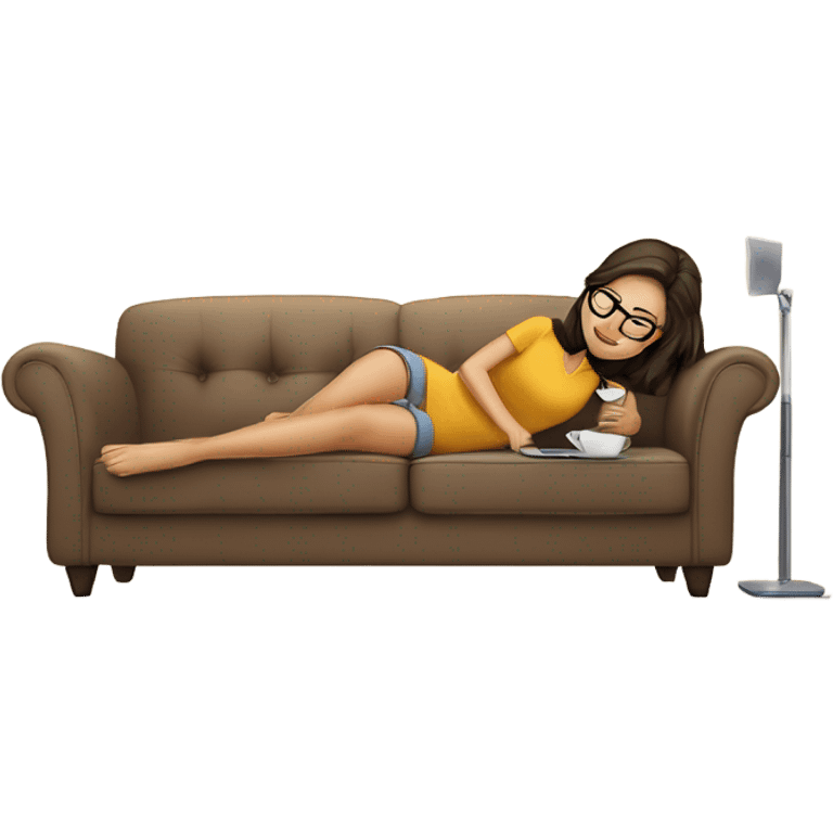 brunette girl laying on a cream colored couch with brown pillows with glasses on and a laptop on small table in front with coffee cup on mouse pad emoji