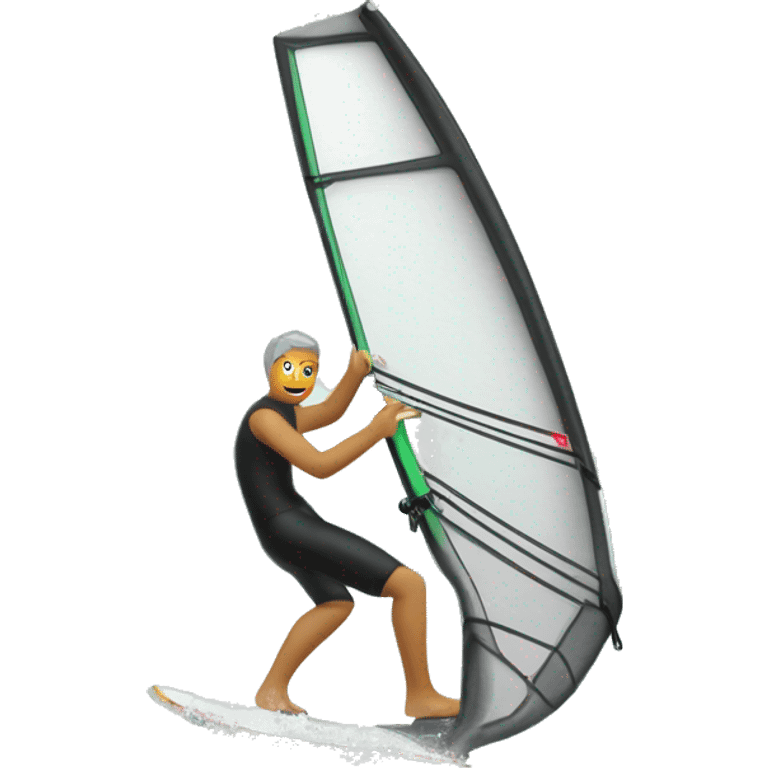 Windsurfer, schwarzer shorty, graue Haare, surft mit einer Hand am Segel emoji