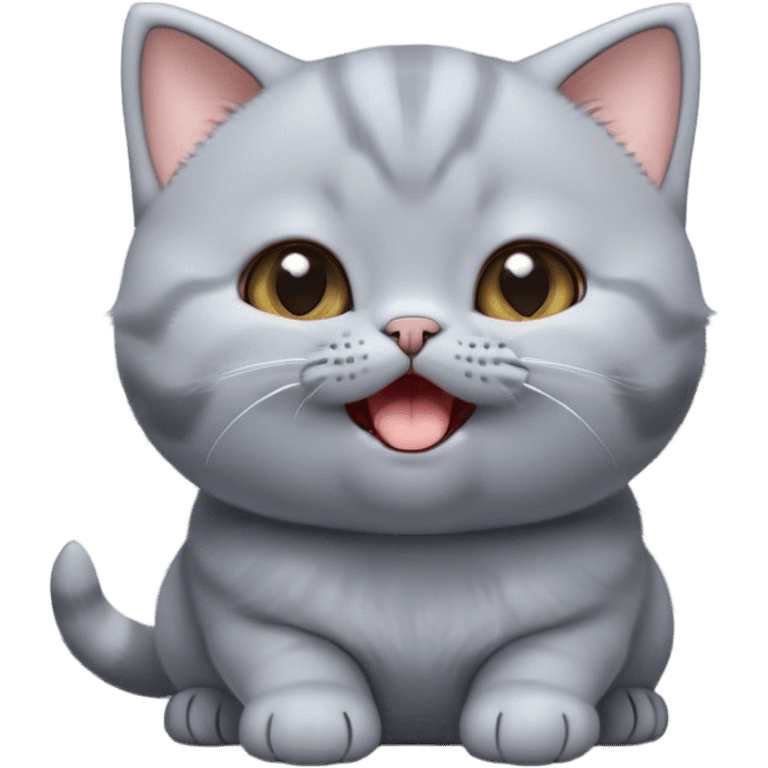 Cinematic Cute Grey British Shorthair kitten Portrait Emoji, Head tilted playfully and yawning, round and plump body with sleek soft grey fur and subtle blue undertones, Simplified yet adorable features, highly detailed, glowing with a warm, friendly glow, high shine, curious yet calm, stylized with a touch of whimsy, bright and endearing, soft glowing outline, capturing the essence of a mischievous yet loving and lazy kitty, so cute it feels like it could stretch out of the screen and cuddle! emoji