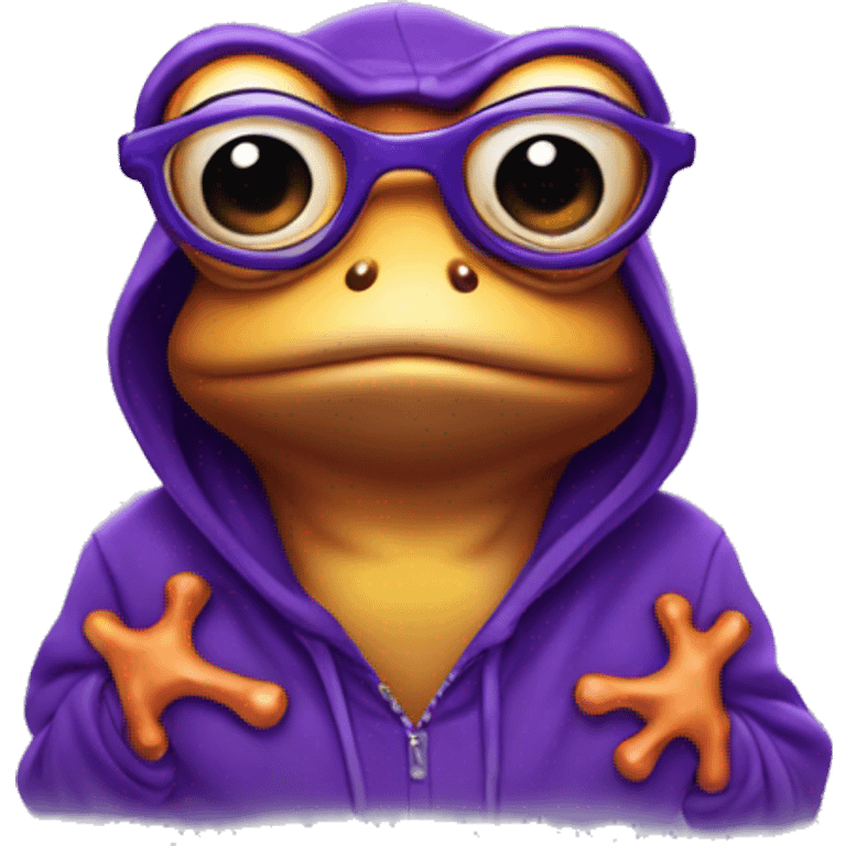 A purple frog wearing a hoodie and glasses emoji