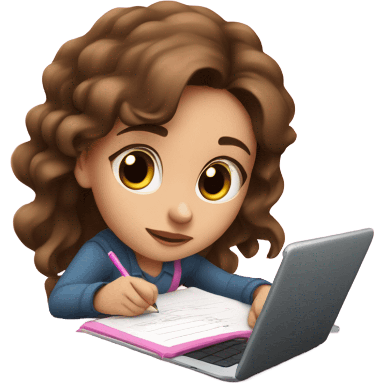 Beautiful girl with brown hair and brown eyes doing homework on a pink notebook and her ipad on her white table emoji