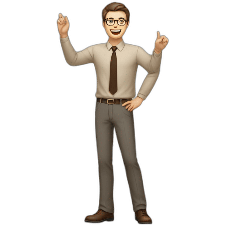 To belt Actively gesturing with hands Pale skinned fit man teacher with dark brown hair in gray jacket, beige office shirt, brown tie, brown pants and vintage glasses. emoji