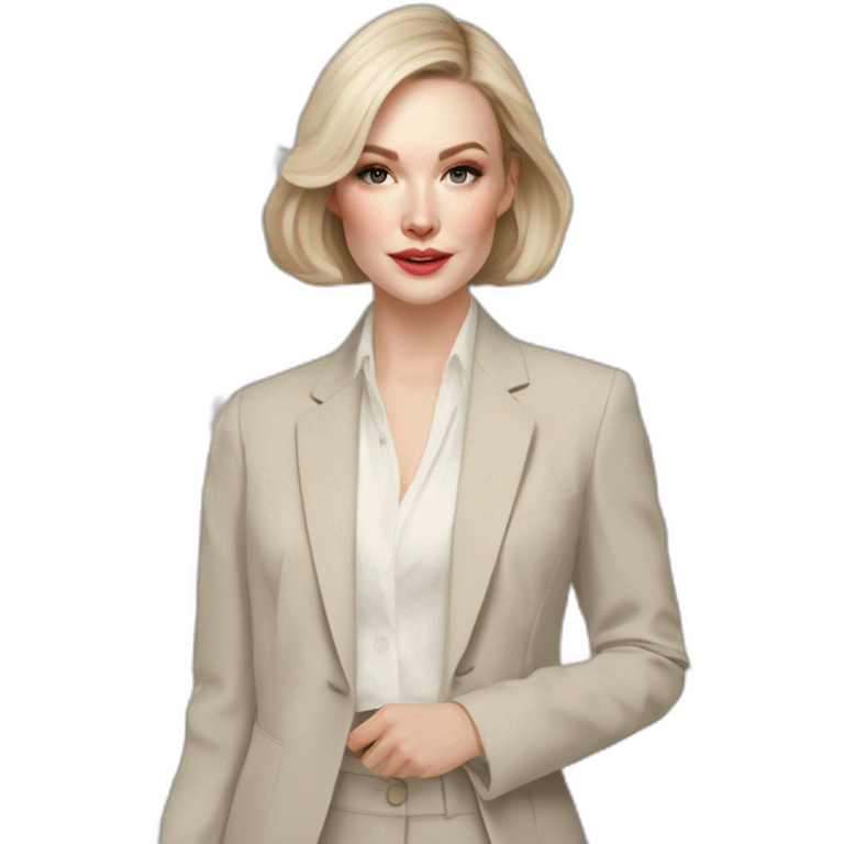 pale skin woman with ash blonde Straightened bob Hair, White Spacious classical jacket, beige palazzo Arrow pants and gray blouse holding a color palettes in the hands emoji