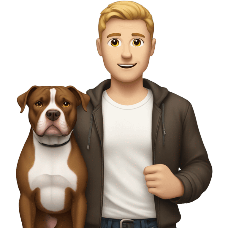 white male with brown hair standing alongside a white and brown pitbull emoji