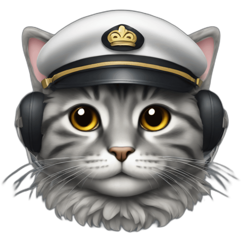 dark grey fluffy tabby face dressed as pilot of plane emoji