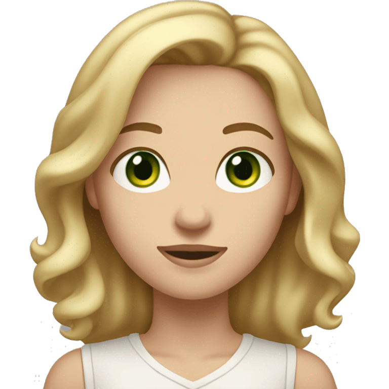 A woman with shoulder-length, wavy blonde hair, green eyes, and fair skin. She is wearing a light-colored shirt and has a neutral to slightly smiling expression. emoji