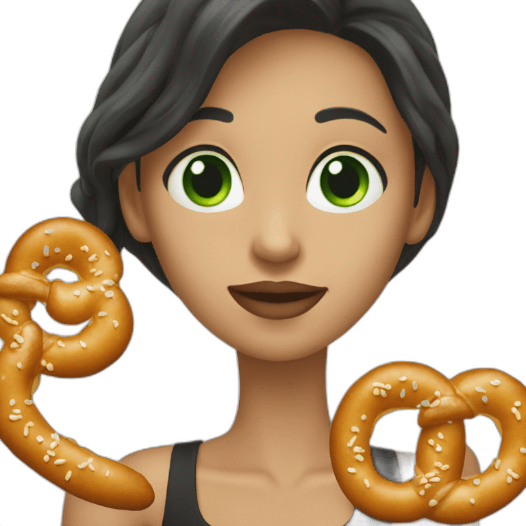 A Woman with green eyes and black wavy long hair and long nose eating a pretzel  emoji