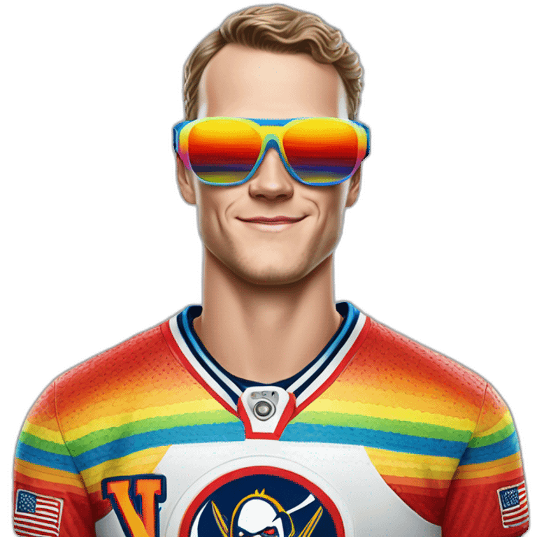 Fancy disco futuristic Jonathan Toews wearing rainbow lace shirt and wearing VR glasses and eating a moon pie emoji