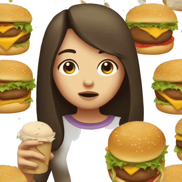 sad brunette girl eating a burger and crying  emoji