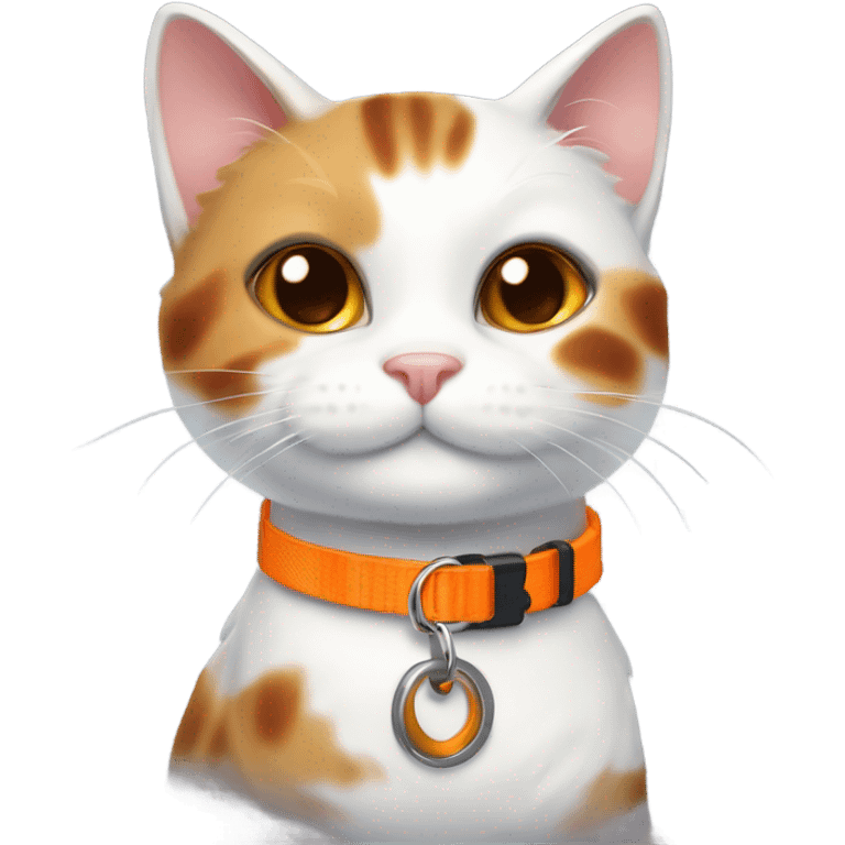 happy cute tortoiseshell white cat with orange cat collar full body from half side perspective  emoji