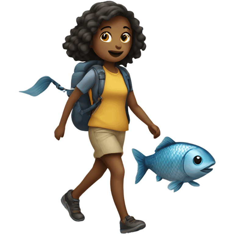 A girl walking a fish emoji