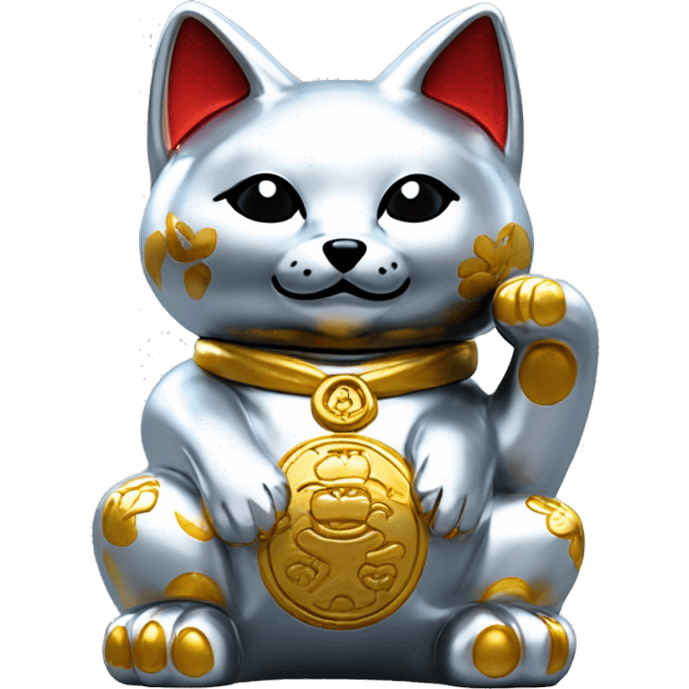 fully chrome fox statue in the form of maneki neko emoji