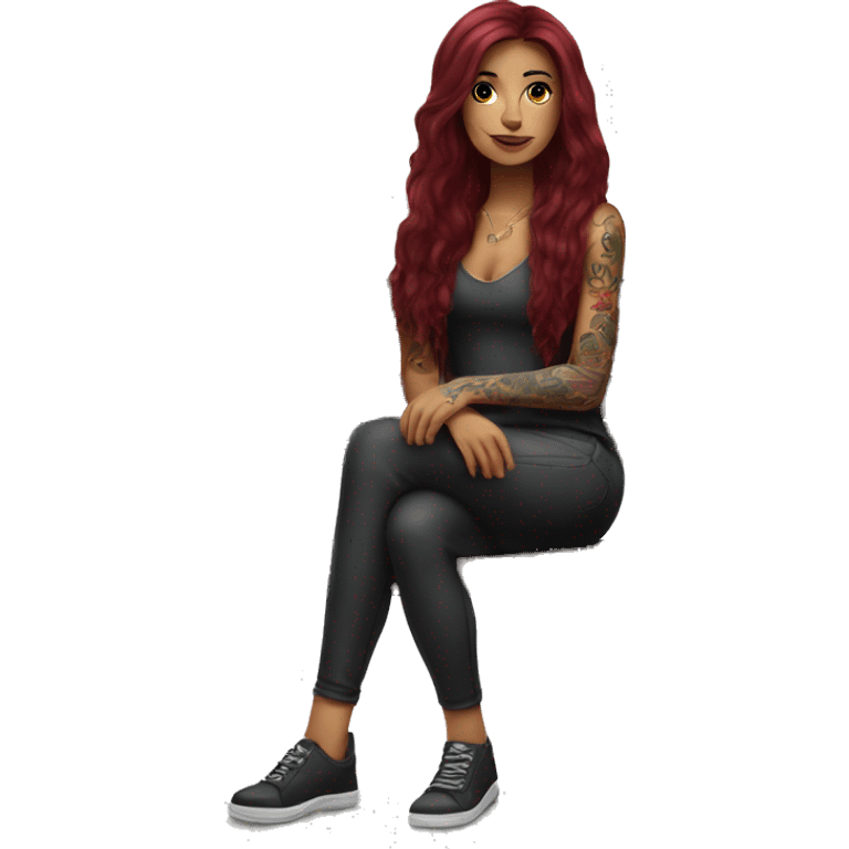 Beautiful tattooed burgundy long haired woman sitting on a bench emoji