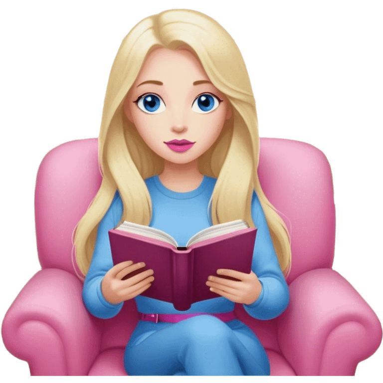 Cinematic realistic blonde with long hair, blue eyes, pink lips, sitting in a cozy armchair, reading a book, coffee is on the table next to her emoji