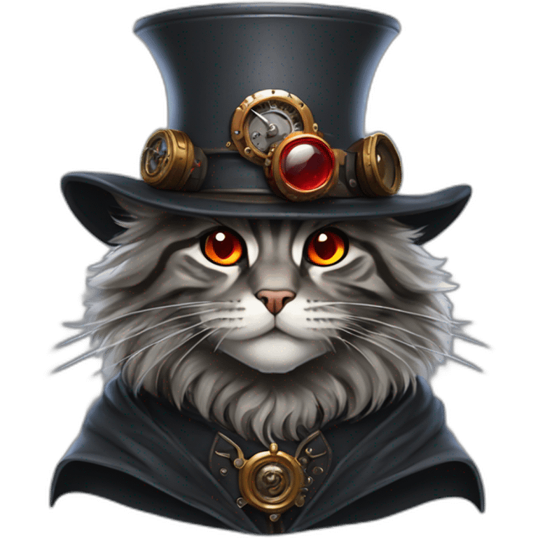 a dark grey tabby maine coon with red eyes wearing a black steampunk hat and a grey hunter cloak emoji