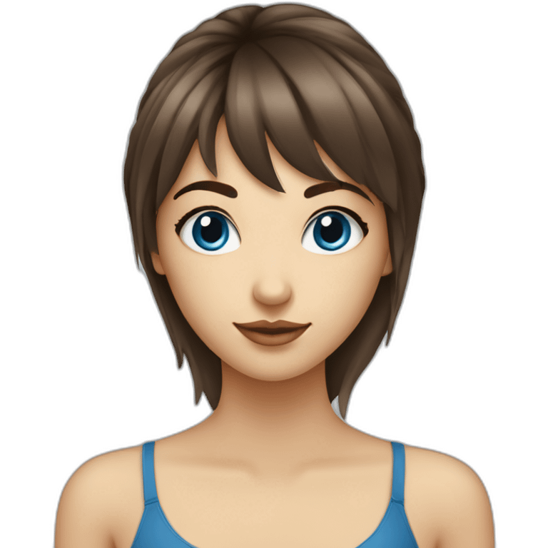 Fille aux yeux bleu brune avec une frange cheuveux long emoji