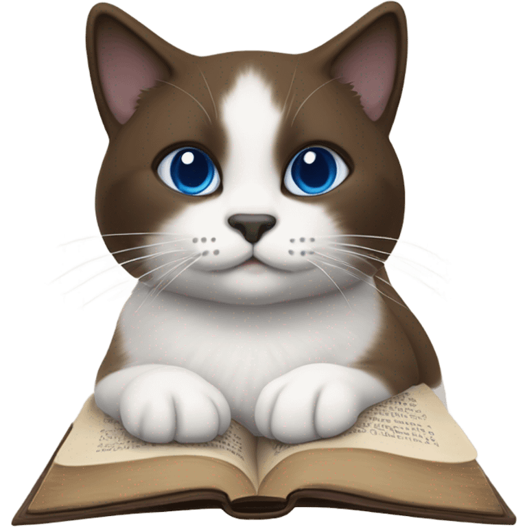 Snowshoe cat with small white patch by nose, dark face and blue eyes and darker body laying on open Bible emoji