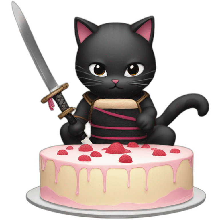 Ninja cat cuts cake with  katana emoji