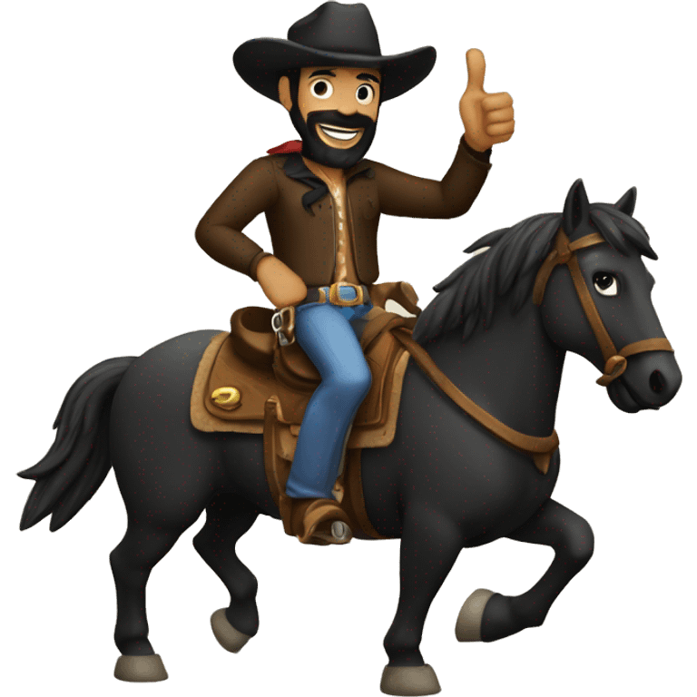 man with black beard and black eyes wearing a cowboy hat riding on his black horse making thumbs up hand gestures emoji