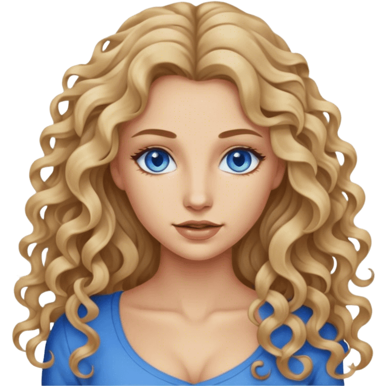 beautiful woman, long curly dirty blonde hair, blue eyes, blue eyes,  emoji