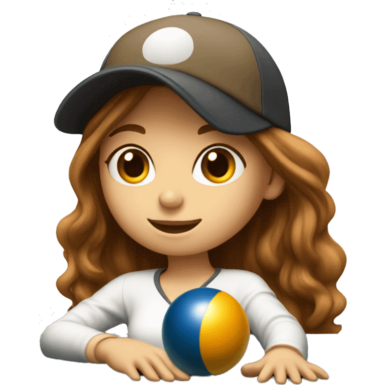 Girl with long brown hair and baseball cap playing pool emoji