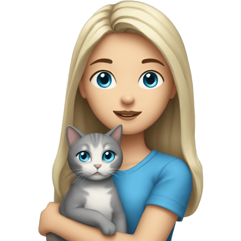 a girl with blue eyes and she is holding a grey cat emoji