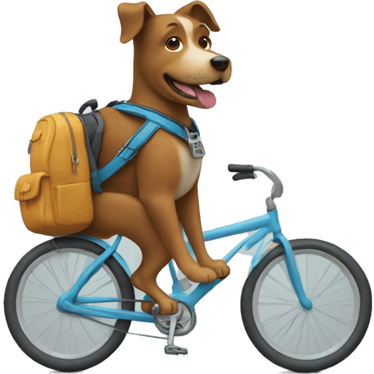 A dog is riding a bicycle and wearing a backpack. emoji