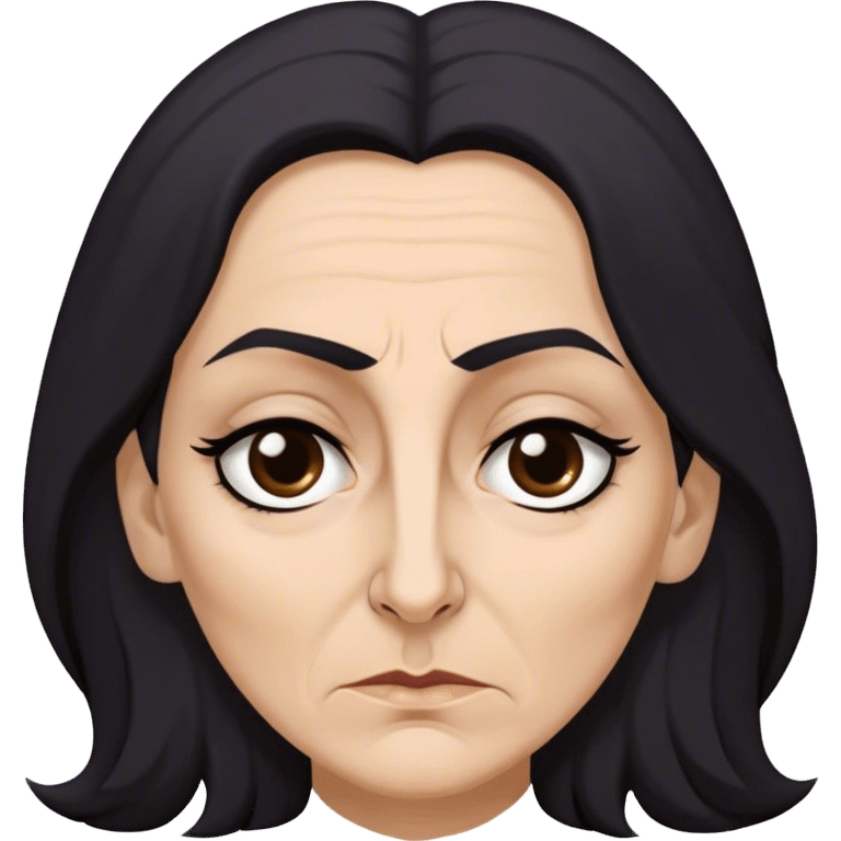 Mirri Maz Duur is a weathered, age 50 woman with deep-set dark eyes, high cheekbones, and a sharp nose, giving her a stern, knowing expression. Her long, unkempt dark hair  falls loosely over her shoulders emoji