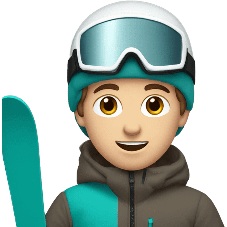 white Boy with wavy brown hair skiing on teal skis. He is wearing a gray coat and black snow pants  emoji