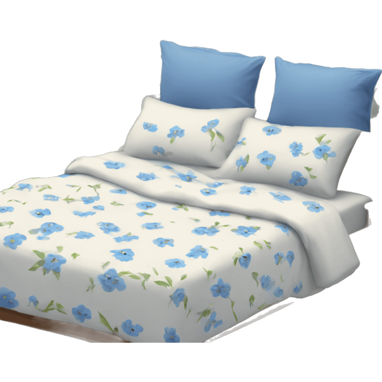 Cosy bed with blue smal flower bed sheets emoji