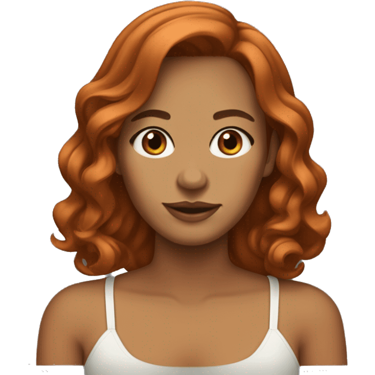 woman with medium tan skin, copper red hair that is medium length and curled on the bottom with curtain bangs. Brown/Hazel eyes. emoji