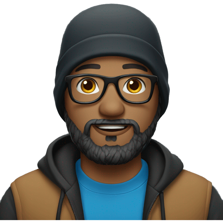 man with a beard in a blue hoodie wearing a black carhartt beanie and clear glasses emoji