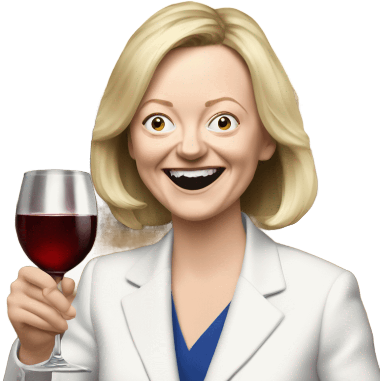 Liz Truss looking overly excited drinking wine emoji