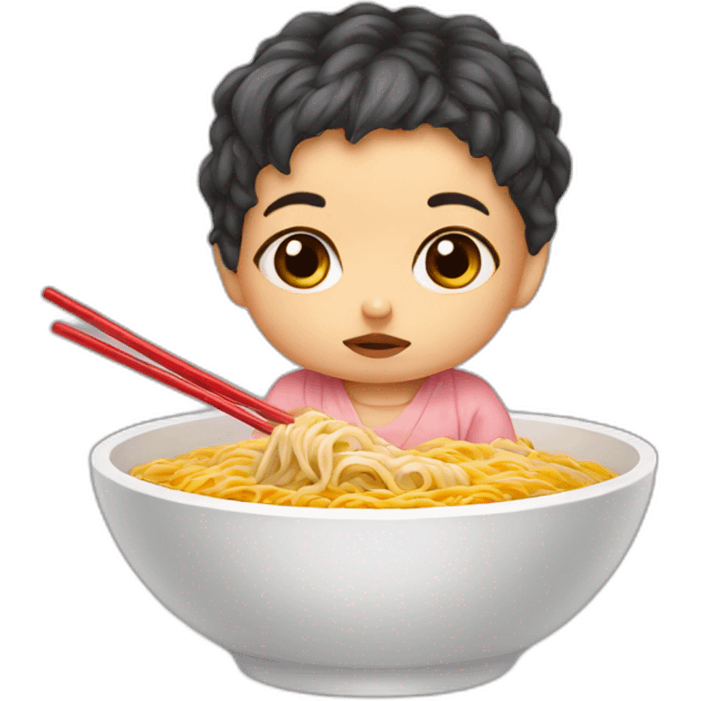 Sad baby girl with ramen bowl emoji