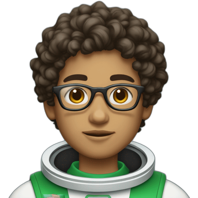 Light skinned Boy with black short curly hear and beardand glasses wearing a white astronaut suit with the saudi flag emoji