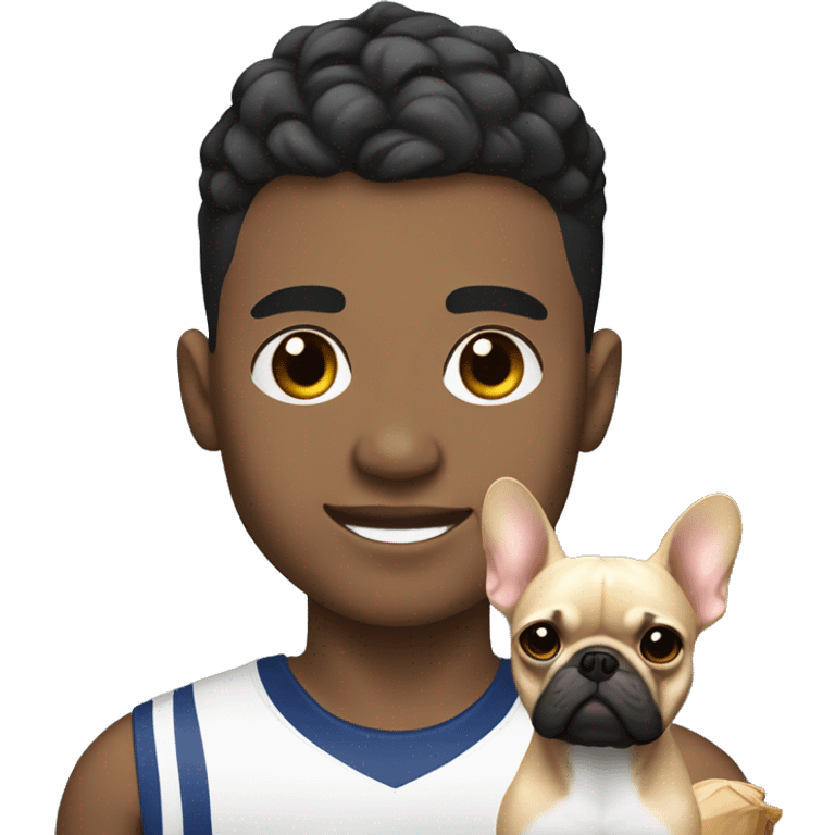 athletic light skin male with really short black fade hairstyle holding a french bulldog emoji