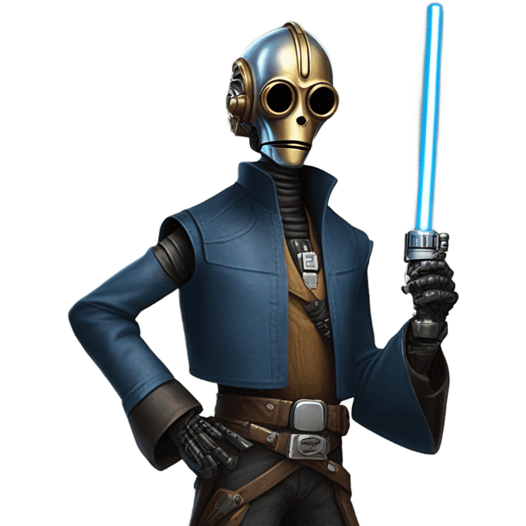 jedi first order human-sized darkblue-pearl friendly bounty hunter c3po droid wearing a leather wild west duster coat holding light saber ready to fight but relaxed. antique emoji