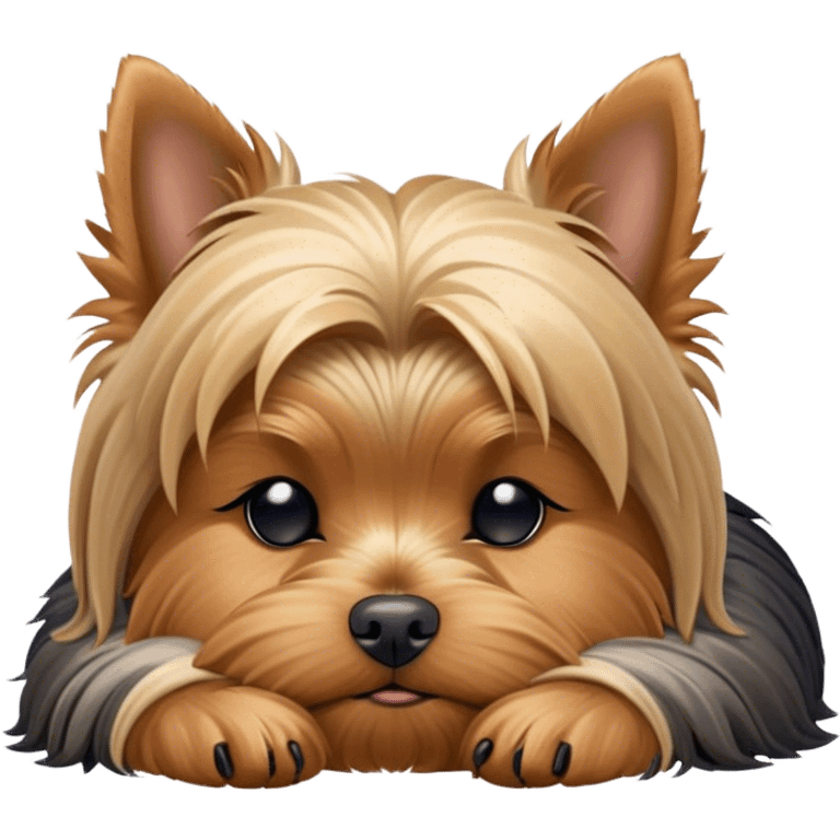 Meme-Worthy Cute Sleeping Yorkshire Terrier Portrait Emoji, Head resting gently with a peaceful, contented expression and softly closed, dreamy eyes, featuring a well-groomed, silky fur in rich hues, simplified yet irresistibly endearing, highly detailed, glowing with a gentle, drowsy radiance, high shine, exuding relaxed, heart-melting charm, styled with a soft glowing outline, capturing the essence of a sleeping Yorkshire Terrier that looks as if it could drift off into a sweet, meme-worthy slumber! emoji