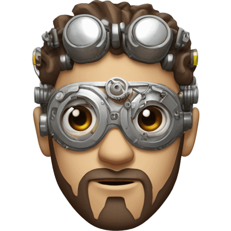 male cyborg head with brown short hair, brown beard, silver steampunk goggles and circuits emoji