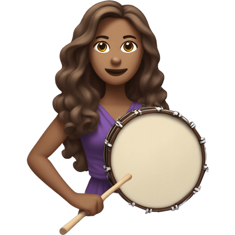 White woman standing with long flowing purple dress and long wavy brown hair holding a small handheld frame drum and a drum stick emoji