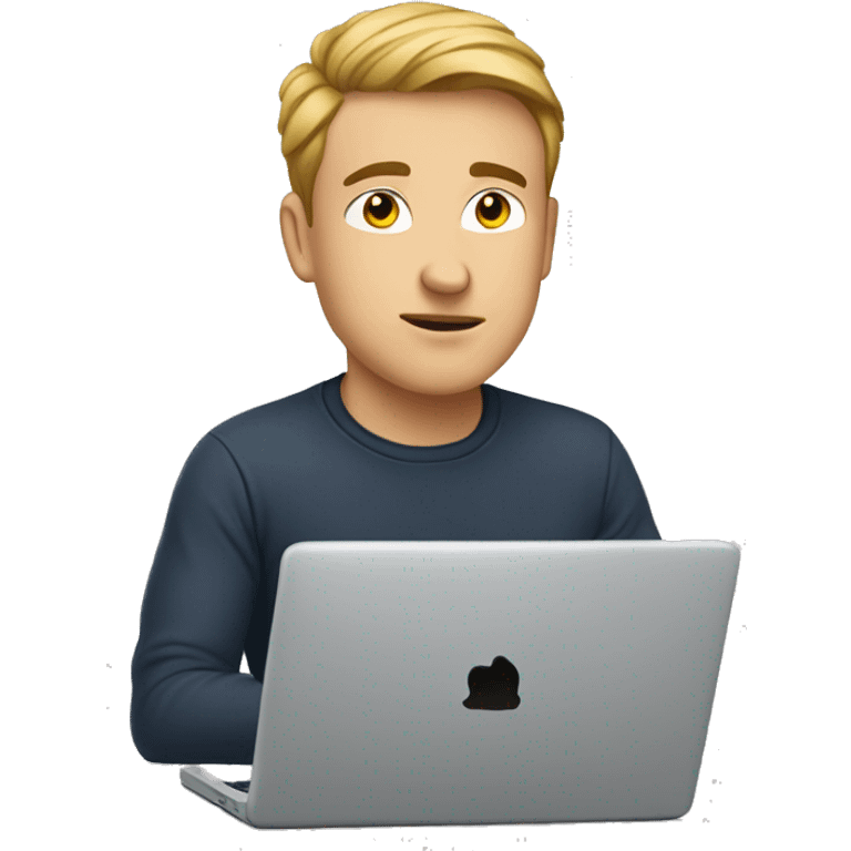 A white young man is sitting at a laptop in a T-shirt emoji