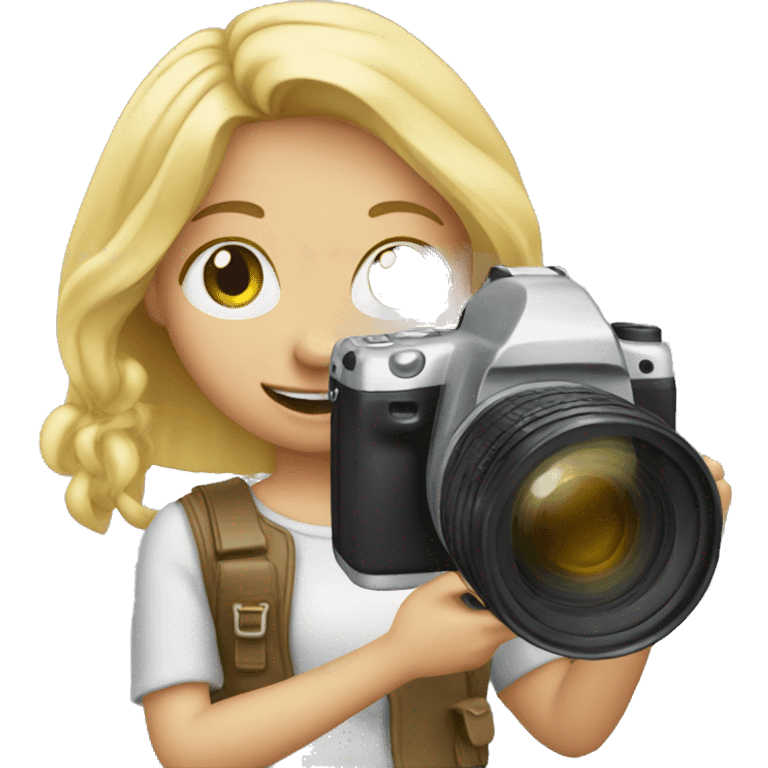 A blonde girl with a camera taking a photo emoji