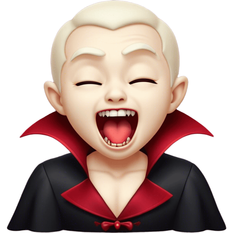 Cinematic Cute Yawning Vampire Portrait Emoji, with a small, rounded, charming pale face accented with tiny playful fangs and droopy, half-closed eyes, head tilted in an adorable wide yawn, dressed in miniature elegant dark attire with a hint of crimson, simplified yet irresistibly endearing, highly detailed with a soft, mysterious glow and gentle outline that captures the cute, drowsy side of an immortal! emoji