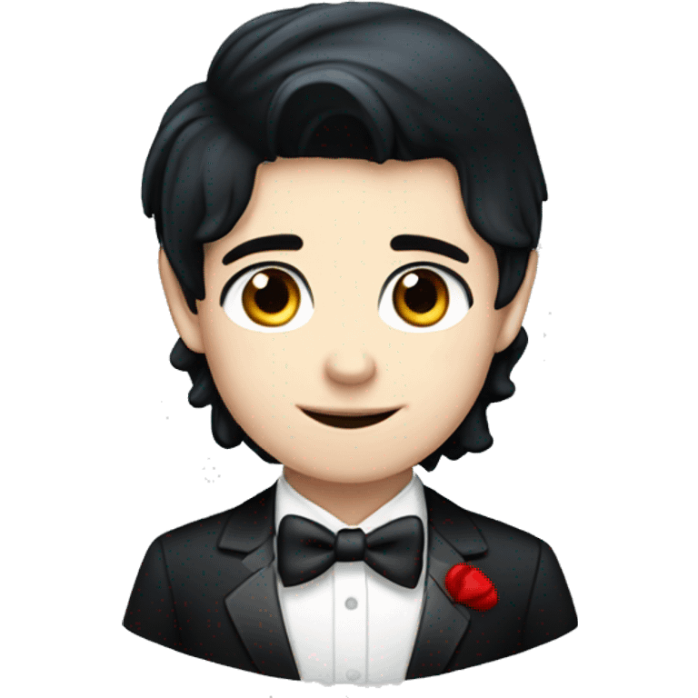 Pretty Pale Boy with blue eyes, shiny black hair and wearing Tuxedo with red bowties emoji