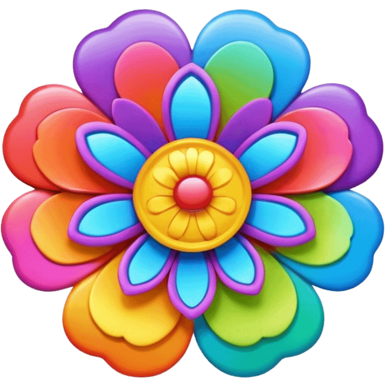 A round psychedelic colored button with bezeled edges and a rainbow colored 3D flower in the center emoji