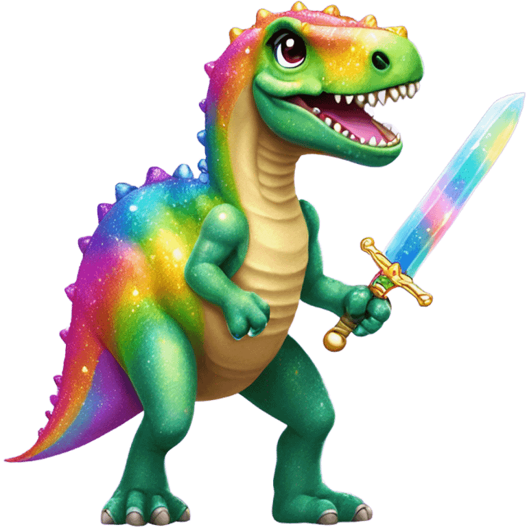 Lisa frank glitter rainbow cute dinosaur with sword and jewels emoji