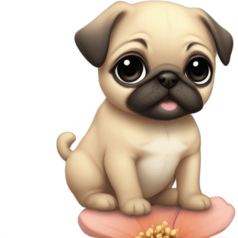 Baby pug playing with a flower pink eyes  emoji