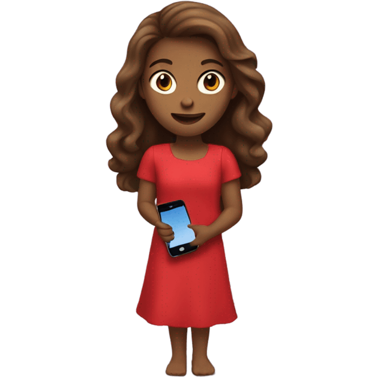 a white girl with log brown hair in a red dress holding a cell phone showing it emoji