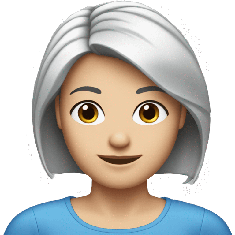 A head and shoulders shot of a 50 year old caucasian woman with short black hair, blue eyes wearing a tshirt. emoji